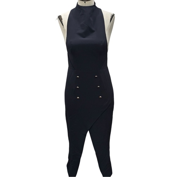 Shona Jay Giselle Navy Military High Neck Sleeveless Asymmetric Hem Gold Button - Picture 3 of 9